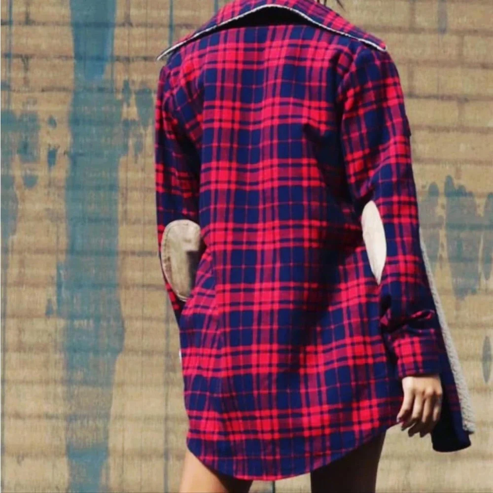 Plaid Red and Blue Teddy Jacket for Women - Picture 2 of 5